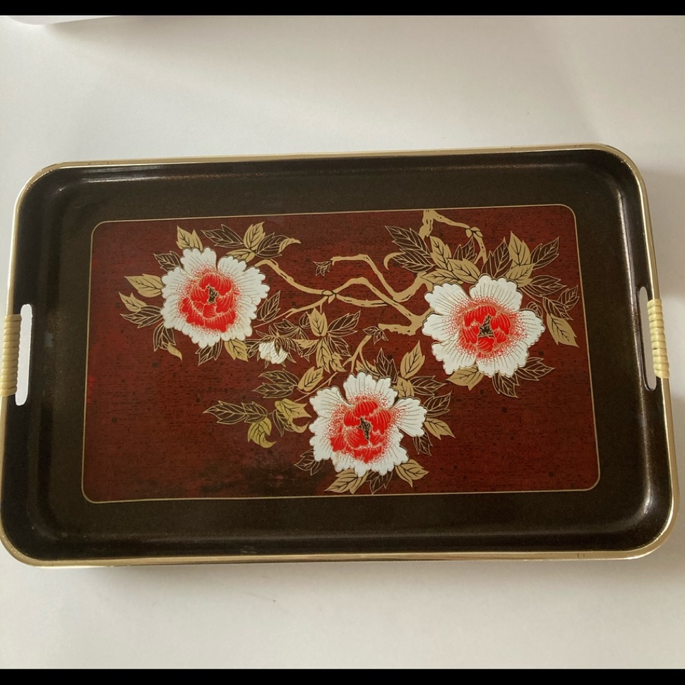 Vtg Black Floral Laquer Large Tray Made in Japan.